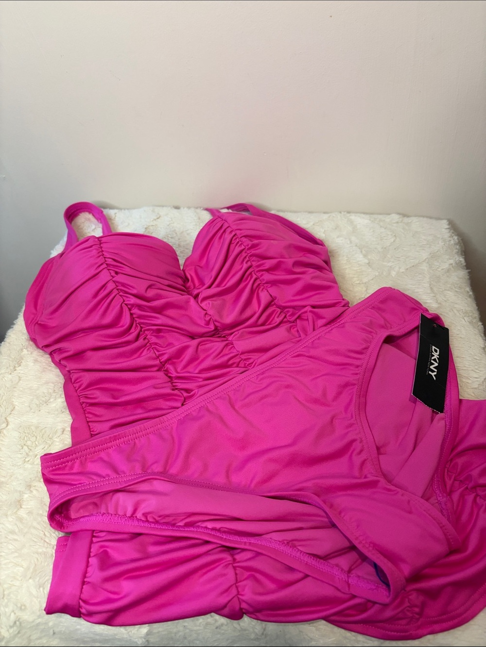 DKNY NWT 2 Piece Swimsuit Hot Pink Ruched Full Coverage Top + Classic Bottoms M